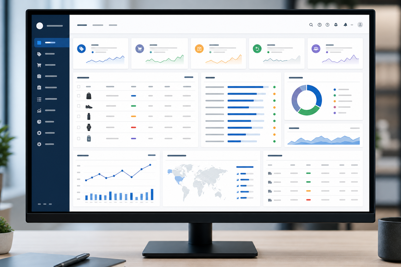 Multi-channel commerce operations screen showing product sync, stock status, order exceptions, seller metrics and fulfilment review