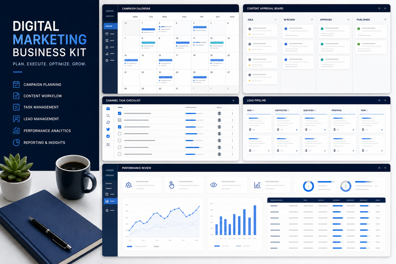 Marketing operations workspace showing campaign calendar, content approvals, channel tasks, leads and performance review