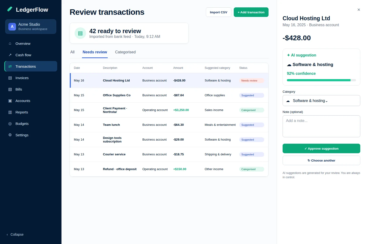 LedgerFlow transaction review screen with AI category suggestions and approval controls