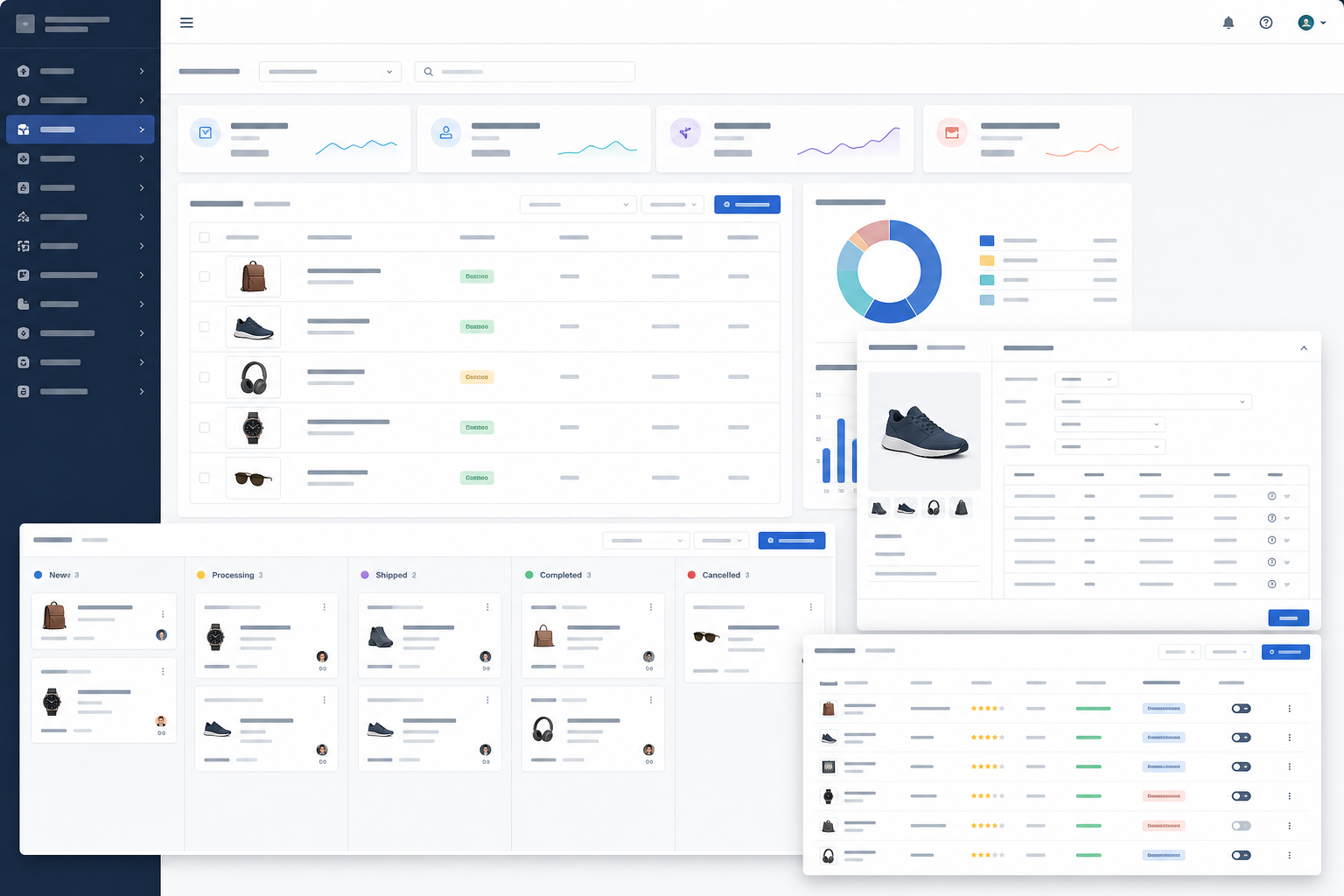 Enterprise commerce operations interface showing vendor catalogue review, product attributes, stock controls and approvals