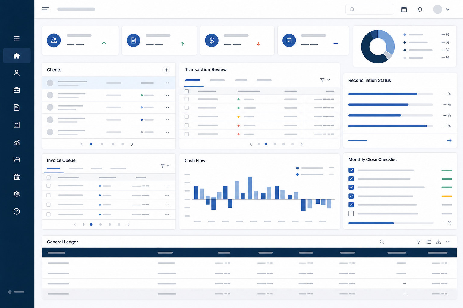 Bookkeeping operations workspace showing client accounts, transaction review, reconciliation, invoices and monthly close