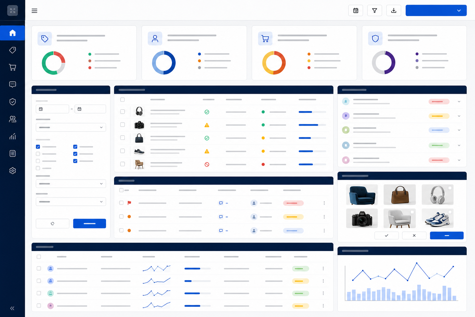Marketplace operations workspace showing listing health, seller support, order exceptions, moderation queues and performance review