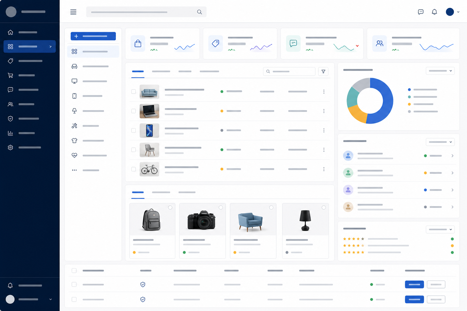 Two-sided marketplace interface showing category browsing, seller listings, buyer enquiries and moderation controls