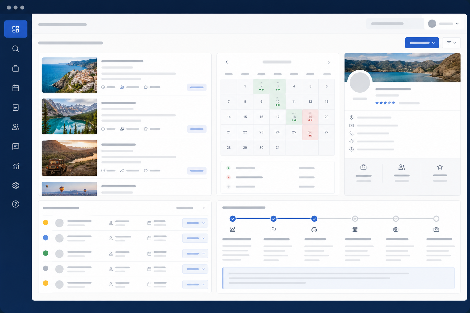 Tour booking marketplace interface showing tours, availability, providers, booking requests and itineraries