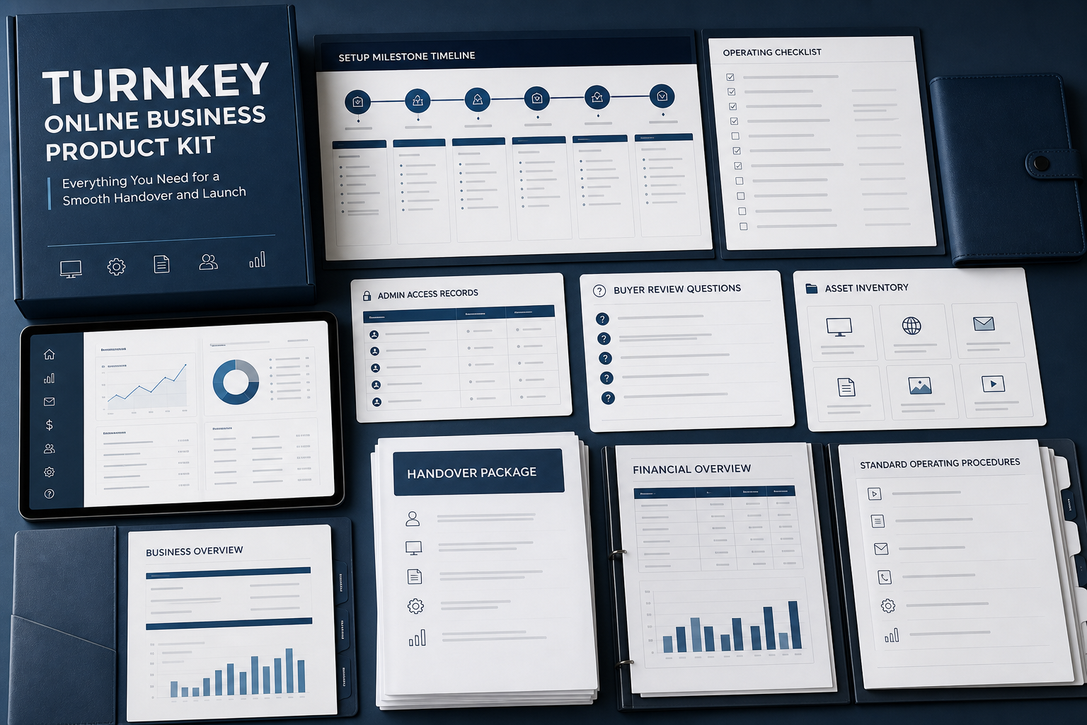 Business handover workspace showing included assets, setup milestones, operating checklist and access records