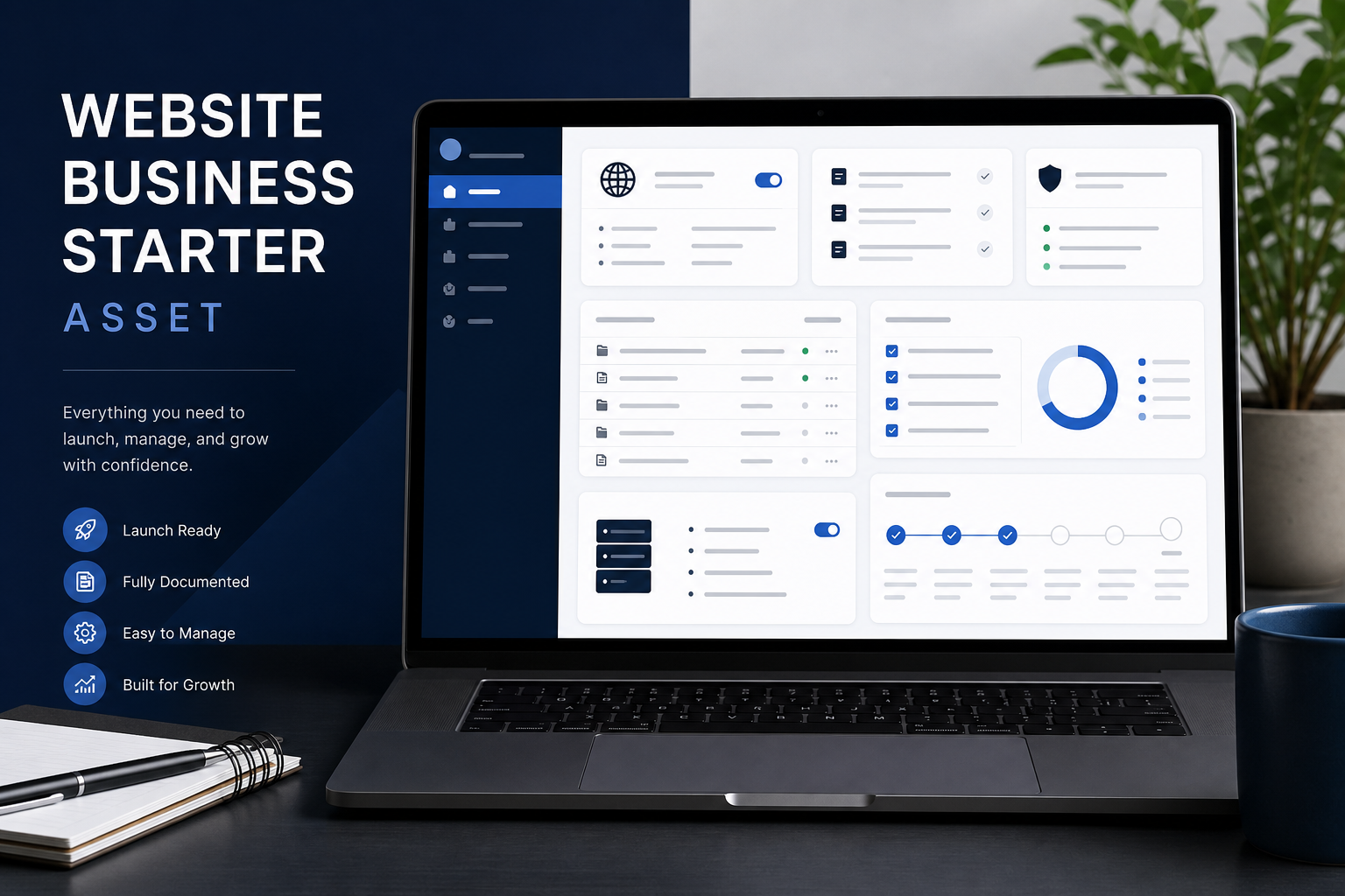 Website handover workspace showing domain status, content inventory, analytics checklist, hosting and launch tasks