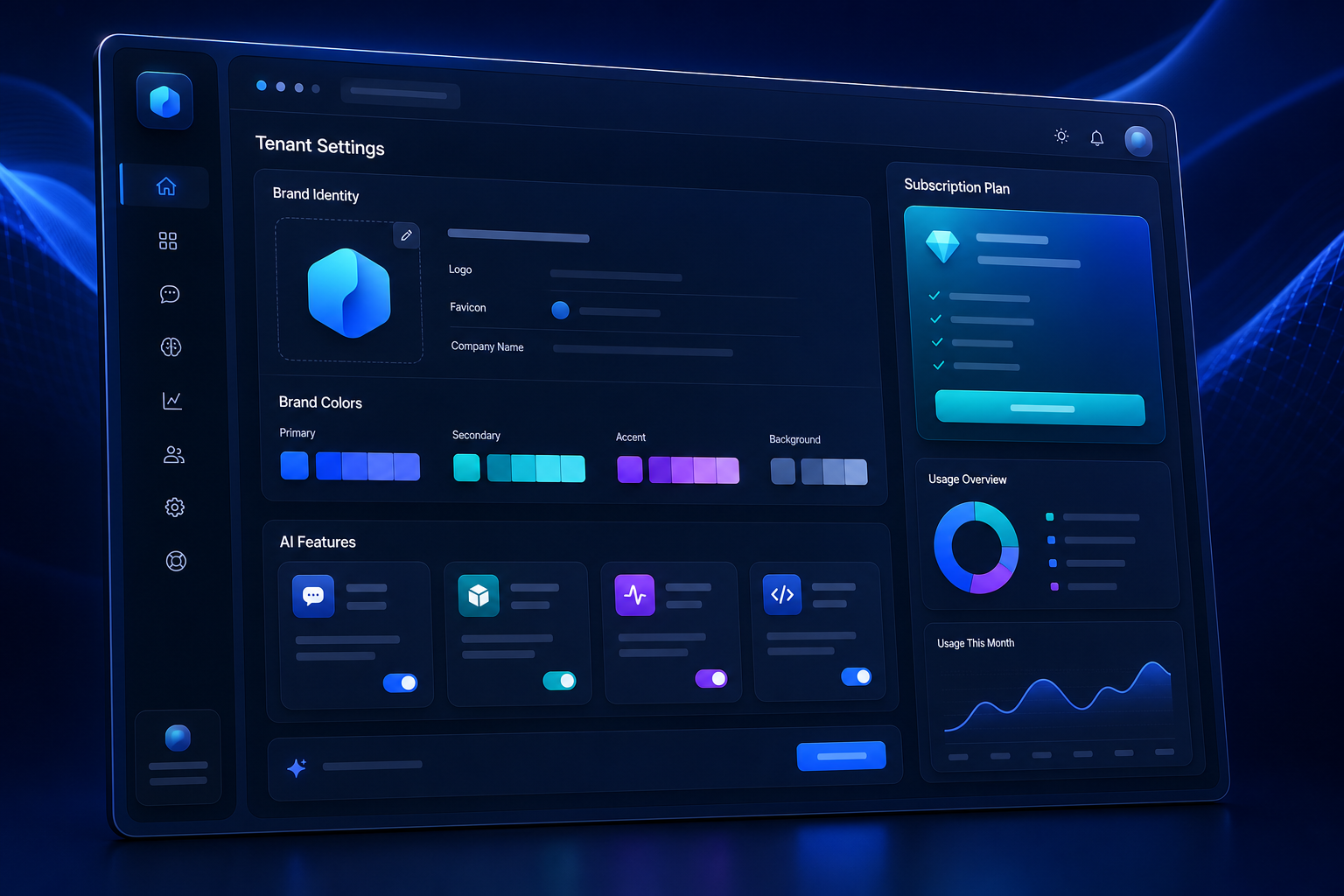 White-label AI SaaS settings showing tenant branding, feature modules and subscription controls