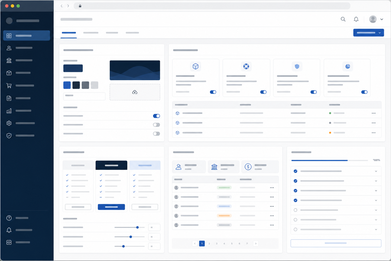 White-label SaaS administration interface showing tenant branding, plans, reseller status and implementation checks